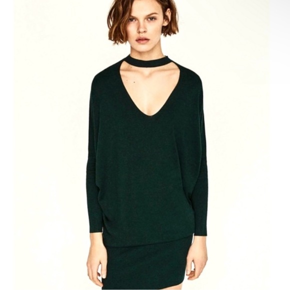 NWOT Zara Chic Green V-Neck Oversized Dolman Fitted Sexy Sweater Dress Small S - Picture 1 of 6